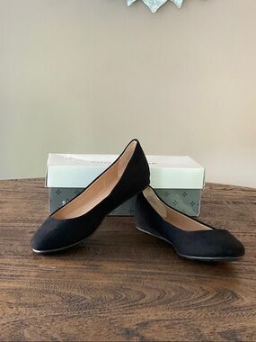 Sun + Stone Black Suede Low Wedge Flats